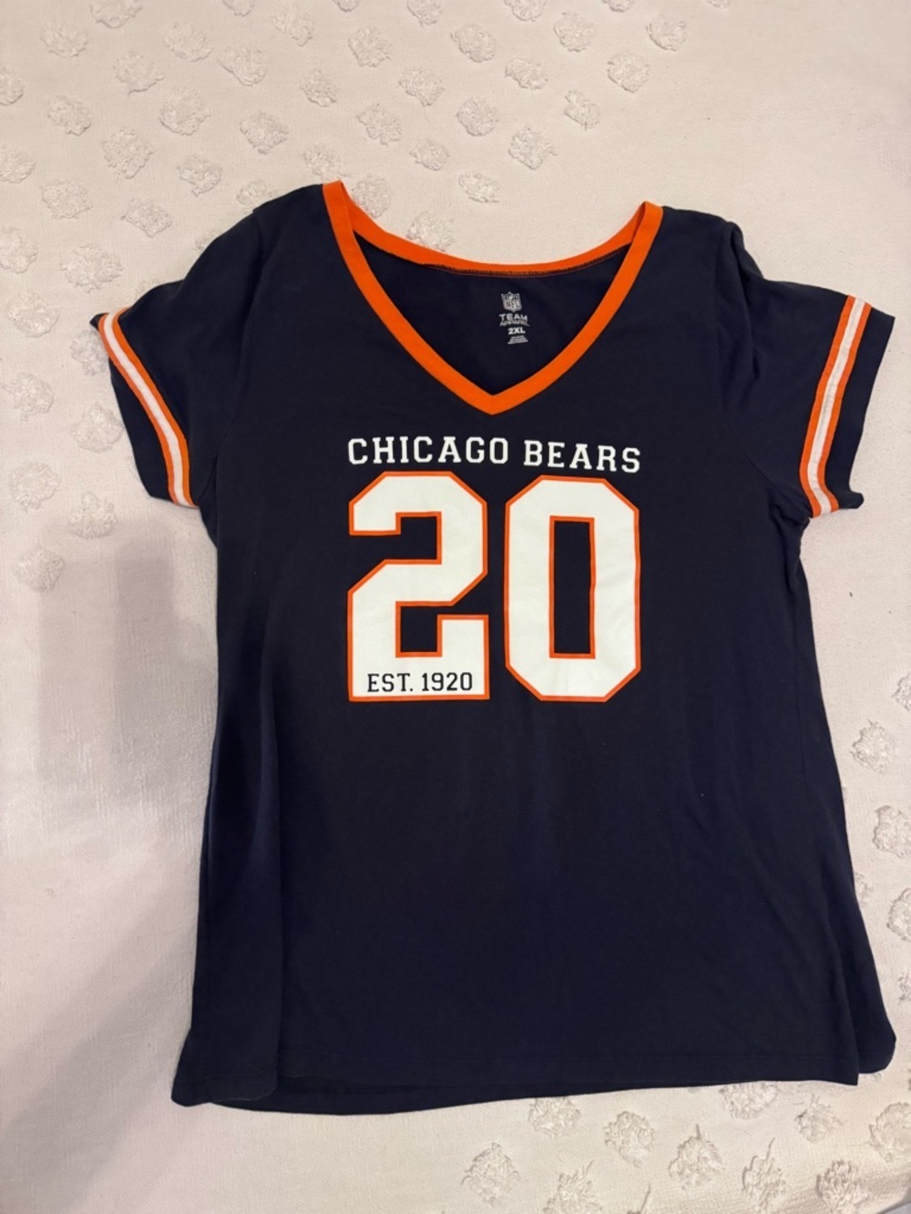 NFL Chicago Bears Navy Blue Orange V-Neck Tee with 20 Graphic